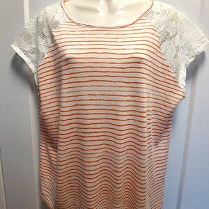 JOE FRESH Women's White & Orange Stripe Short Sleeve T-Shirt - Large
